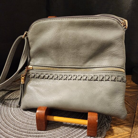 Source Unknown Handbags - Grey Leather Crossbody, Fun Purse, Leopard Lining.